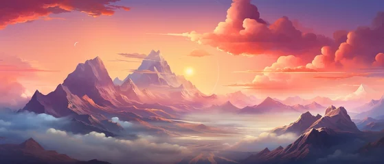Zelfklevend Fotobehang A vibrant pastel painting of a landscape with isolated mountain peaks © PTC_KICKCAT