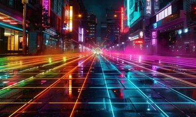 Fototapeta na wymiar Neon Cityscape A Rainbow-Colored Nighttime Street Scene Generative AI