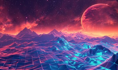 Pink Planet Glow A Neon Night Sky with a Red Planet Generative AI