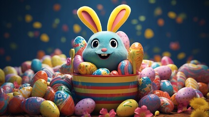 Cheerful anthropomorphic Easter basket filled with colorful candy