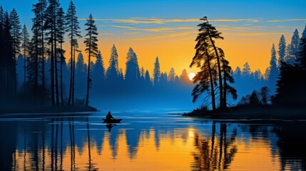 Fototapeta premium Tranquil flat illustration of a lone fisherman in a boat on serene lake surrounded by natural beauty