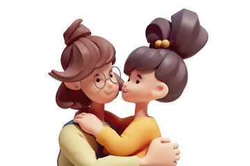 Portrait of cute kawaii excited asian smiling child girl hugs young mom. Mom and сheerful daughter in fashion casual green, yellow, clothes. Concept of friendly family. 3d render isolated transparent.