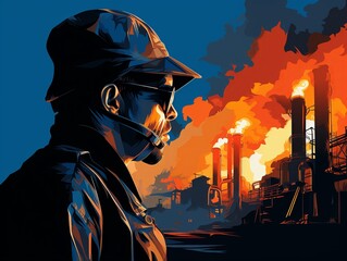 Fototapeta na wymiar Industrial Worker Silhouette Against Fiery Skyline