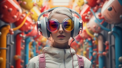 Stylish Woman with Colorful Headphones and Sunglasses