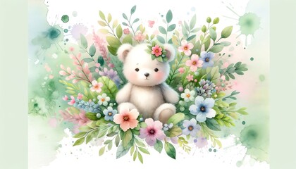 Watercolor painting of a Cute Bear and Flowers