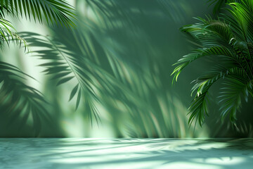Fototapeta na wymiar 3D rendered green backdrop with illuminated palm leaf shadow 