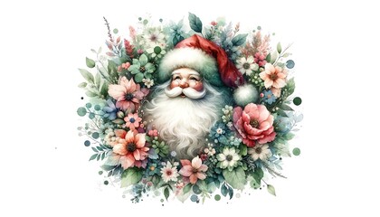 Watercolor painting of Santa Claus and Flowers