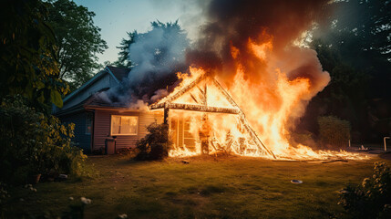 Outdoor shot of a House or fire and Burning down