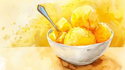 Yellow Fruit Bowl with Spoon and Fresh Fruit Generative AI