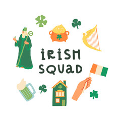 Irish squad Saint Patrick's Day card. Saint Patrick, Leprechaun's gold pot, a harp, a green beer, Traditional Ireland's home, shamrocks, three- and four-leaf clover, the hand holds Ireland Flag.