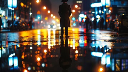 Nighttime Cityscape A Man in a Hat Stands in the Rain Generative AI