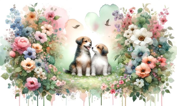 Watercolor painting of Two Dogs in Love