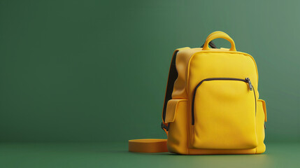 3D rendered yellow school backpack setup on green background 