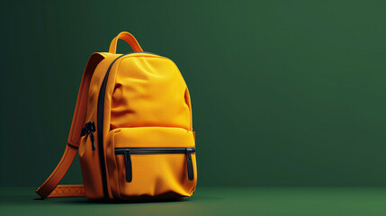 3D rendered yellow school backpack setup on green background  - obrazy, fototapety, plakaty