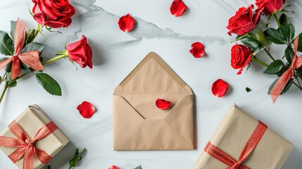 Concept of happy women's day with envelope, roses and gift box on white background ,generative ai
