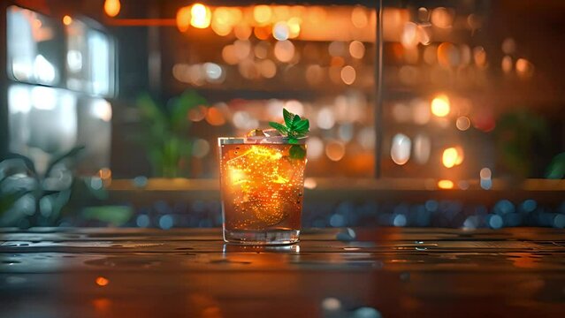 Blur bokeh lights top of bar and free space. Alcohol on bar abstract blur image of night festival in a restaurant and The atmosphere is happy and relaxing with bokeh for background. Beer,liquor 4k