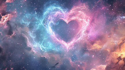 A swirling galaxy of pastel-hued stars forming the shape of a heart against a cosmic backdrop, representing a celestial love.
