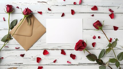 Greeting card mockup with envelope and roses flowers on white wooden background,generative ai, 
