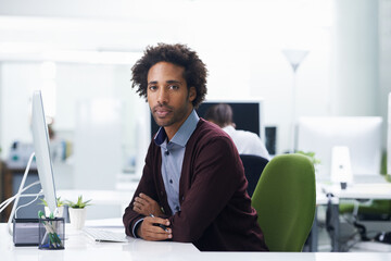Portrait, computer or design and serious black man in office with creative career mission or mindset. Business, creative and startup with confident young designer in artistic workplace for employment - obrazy, fototapety, plakaty