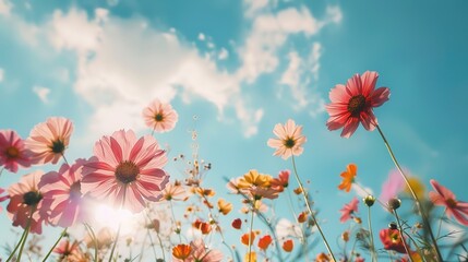Low angle shot of a blooming flowers under a blue sky ,generative ai, generative,ai
