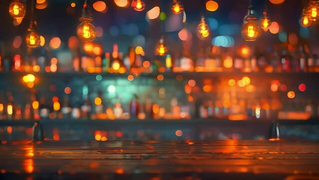 Blur bokeh lights top of bar and free space. Alcohol on bar abstract blur image of night festival in a restaurant and The atmosphere is happy and relaxing with bokeh for background. Beer,liquor 4k