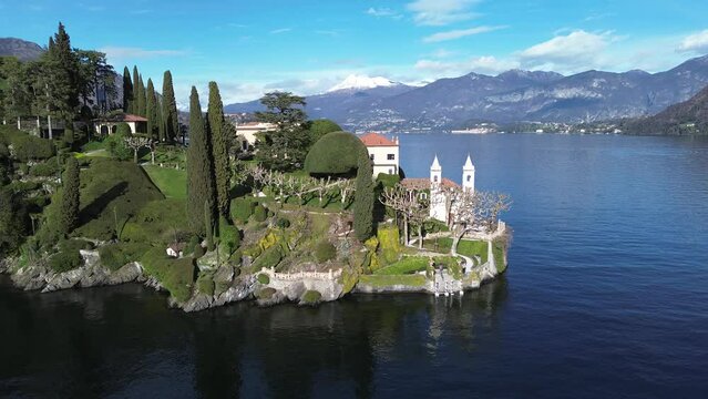 Aerial view of Villa Balbianello peninsula on Lake Como