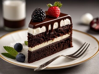 Free  Photo Chocolate cake with cream and berries on a light background Selective focus. 