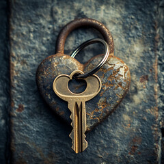 A vintage key unlocking a heart-shaped padlock, symbolizing the unlocking of love and commitment.
