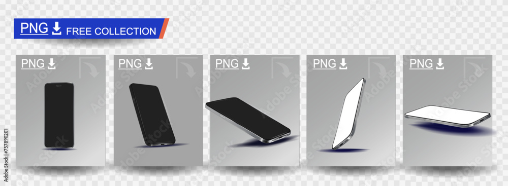 Poster set of stylish smartphones of a new model on transparent background with blank screen. free collecti