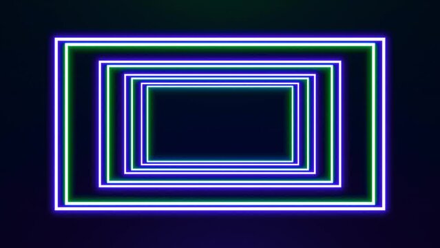 Neon glowing square tunnel with fast moving light lines