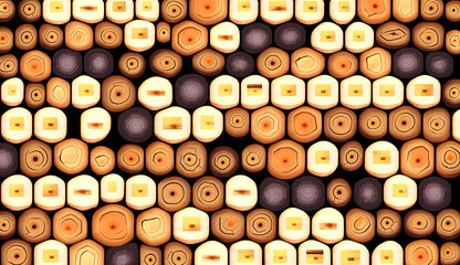 An organized display of pixelated wooden logs creates a structured pattern in the background, highlighting the precision and attention to detail of each piece.