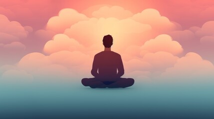 Flat style illustration of buddhist monk meditating in lotus position with mountain backdrop
