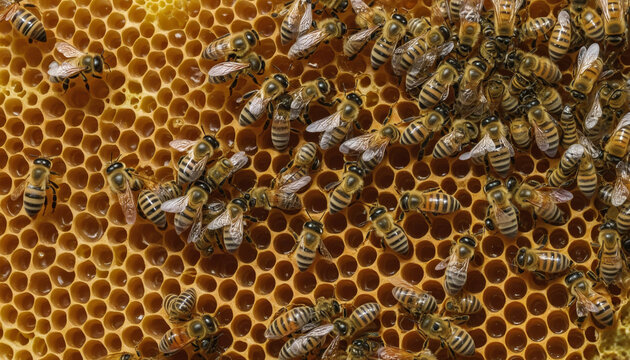 Bees in their hive making fresh, natural honey
