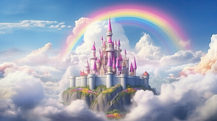 Rainbow unicorn castle in the cloud sky of fantasy background - obrazy, fototapety, plakaty