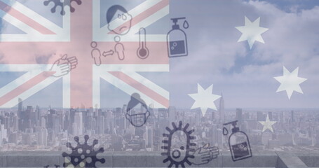Image of corona virus icons and australia flag over cityscape
