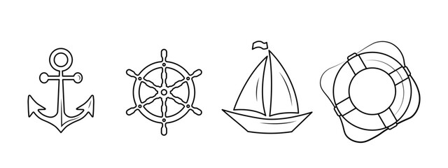 nautical marine icons set, cruise black line vector icons, back to sea, summer vacation at sea, anchor, steering wheel, ship, yacht, life ring