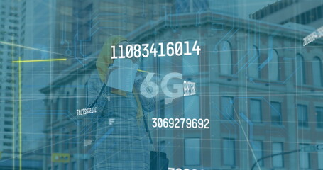 Image of data processing and 6g text over biracial woman eating