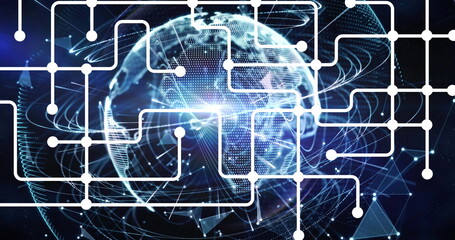 Fototapeta premium Image of connections over globe and navy background