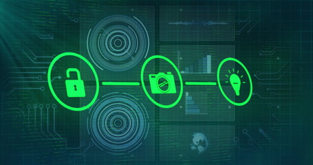 Obraz premium Image of connected padlock and media icons over data processing and graphs on interface