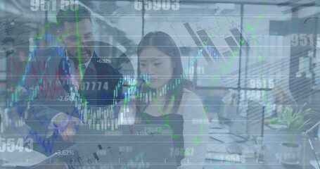 Image of financial data processing over delivery man getting out of car outside of warehouse