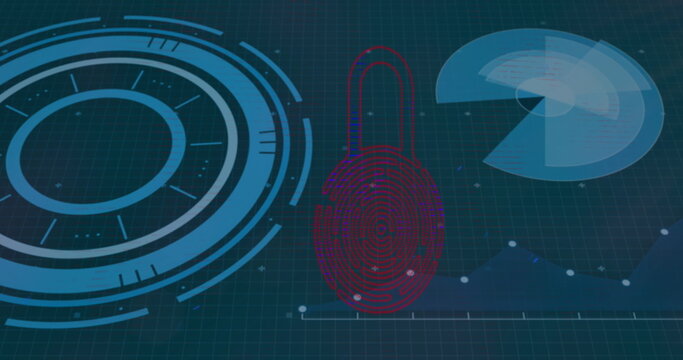 Image of red fingerprint, scanners, graph and data processing, on dark interface