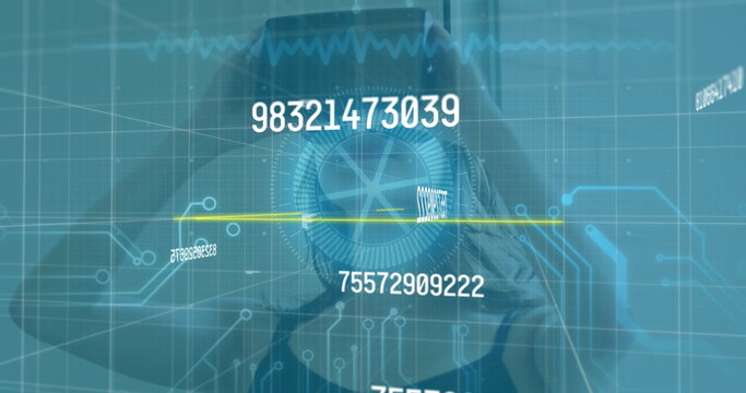 Image of data processing over caucasian woman using vr headset