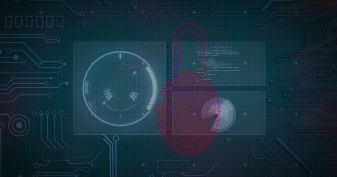 Image of red fingerprint over scanners, graph and data processing, on dark interface - Powered by Adobe