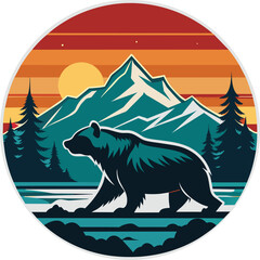 bear in the woods and mountain vector illustration, landscape vector illustration, wildlife landscape with bear print design, Bear in the forest. 