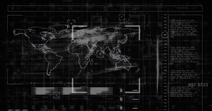 Digital image displays data analysis and earth map on a green screen with a grid layout. - Powered by Adobe