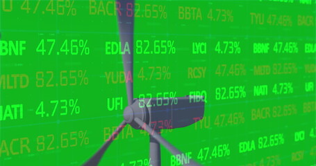 Image of stock market data processing over spinning windmill against green background
