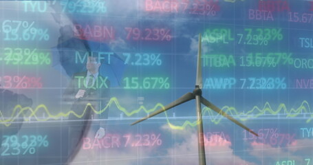 Image of stock market data processing over spinning windmill, globe and caucasian businessman
