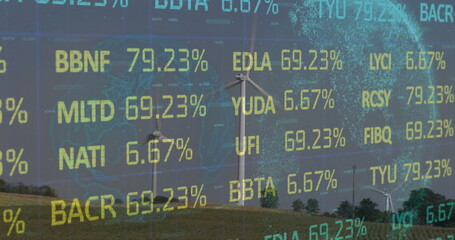 Image depicts stock market data on a globe with wind turbines, symbolizing climate change.