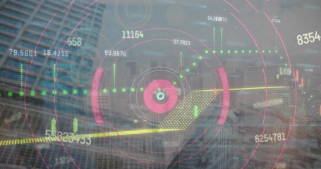 Image of financial data processing over cityscape