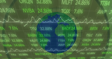 Image of stock market data processing over globe against circles in seamless pattern